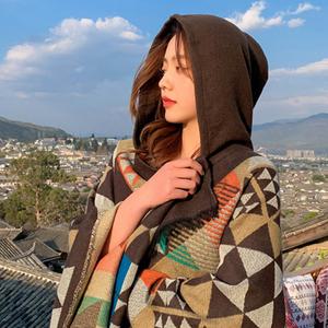 몽골판초 보헤미안 스타일 에스닉 숄 망토 입는 후드담요 여행 패션