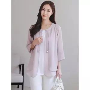 [하프클럽/] 여성 봄 여름 진주 리본 빅사이즈 플레어 이중 쉬폰 가디건 미