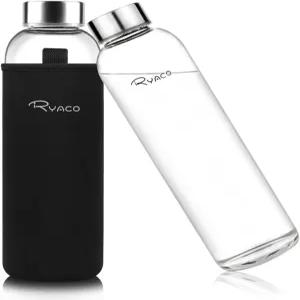 랴코 보로실리케이트 유리 물병 33온스/1L/1000ml BPA 프리 누수 방지 학교 홈 오피스 여행 스포츠 요가