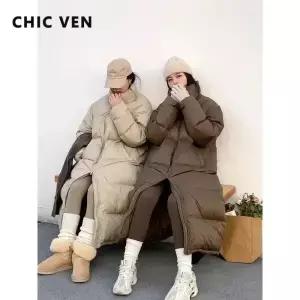 CHIC VEN 여성용 다운 코트 길고 두꺼운 따뜻한 재킷 오버 화이트 덕 루즈 캐주얼 가을 겨울 2023 신상