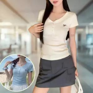 여자 골지 리본 버튼 반팔티 시원한 여름 여성 라운드 무지 슬림 데일리 여행 나들이룩
