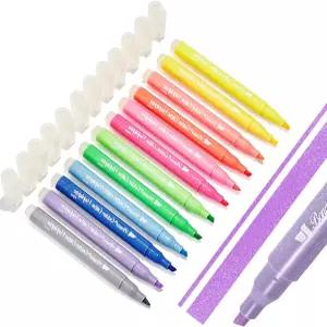 BOE 12Pcs 골든 글리터 형광펜 마커 다양한 색상 노 블리드 끌 팁 저널 플래너용 바이블 노트북용
