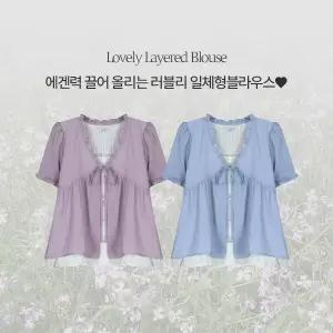 핫핑 [러블리/청순여리] 데니츠 링클 자수 팬던트 프릴 페플럼 일체형 반팔블라우스