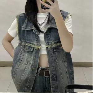 여성 청조끼 데님 가을 베스트 데님조끼 빈티지 청 라운드넥 민소매 캐주얼