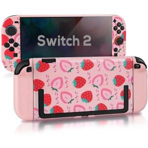 TIKOdirect Protective Case for Switch 2, Pretty Pink Strawberry Game and Pattern Slim Console Con Designed Dockable with PC 2 Controllers, Cute Joy 2025, Hard Cover