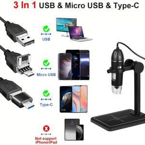 3-in-1 USB 인터페이스 휴대용 현미경, 1600X 고화질 라인 제어 디지털 LED 포함, 플라스틱 브래킷