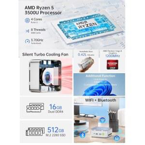 GMKTEC 미니 PC 컴퓨터, G10 RYZEN 비즈니스 3500U 2.5GBE LAN TYPE-C 5 오피스 USB-C, 512GB 홈 HTPC, (비츠 트리플 DP, 3200U), BT, N150 / 데스크톱 디스플레이, 16GB 2.1 RAM 4K NIC PD, SSD WIFI, HDMI 4300U