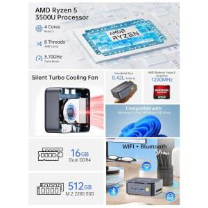 GMKTEC G10 미니 PC 컴퓨터, RYZEN 2.5GBE N150 5 4K 3500U HTPC, 비즈니스 3300U), PD, DP, 트리플 USB-C, HDMI 디스플레이, TYPE-C WIFI, 2.1 (비트 LAN 오피스 데스크톱 / 16GB BT, NIC SSD 512GB 4300U 홈 RAM