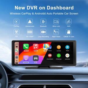 10.26인치 휴대용 CarPlay 스크린 (4K 블랙박스, 무선 및 Android Auto 터치스크린, 후방 카메라, 플러그