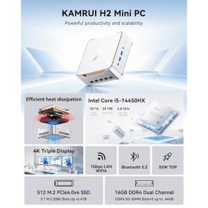 KAMRUI 하이퍼 H2 미니 PC, 인텔 512GB 비즈니스 PCLE4.0 4K 마이크로 홈 USB 컴퓨터(10C RAM BT5.2, TYPE-C, 4.8GHZ), 트리플 16GB 코어 16T, 오피스 SSD / 14450HX 디스플레이, WIFI6, 데스크톱
