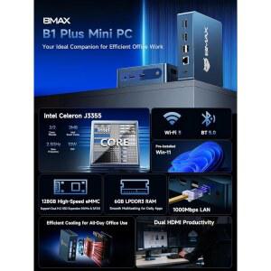 BMAX 미니 PC B1 PLUS, 인텔 5G SSD 128GB WIFI 확장(512GB/2TB), 셀러론 EMMC BT5.0 RAM 6GB 디스플레이 4K M.2 지원 컴퓨터 데스크톱 듀얼 가정/사무실용 2.4G 및 2.5GHZ), / J3355(최대