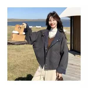 여성용 모직 코트 그레이 체크 기모 가을 캐주얼 쇼트 재킷 CH3