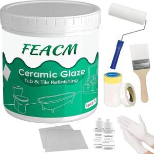 FEACM 타일 페인트, 욕조 및 타일 리파이닝 키트, 욕조 리파이닝 키트, 흰색 욕조 물 기반 및 낮은 냄새, 욕실 주방용 싱크대 페인트 사용하기 쉬운 세미 글로스 화이트, 50-55평방피트