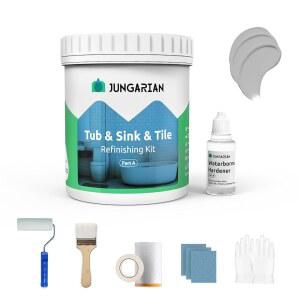 정글리안 욕조 및 타일 리파이닝 키트 35온스, 도구 포함, 저취 DIY 욕실 페인트 싱크대 욕조 카운터탑 타일 샤워 페인트, 욕실 주방 도자기 섬유 유리, 반광택 라이트 그레이