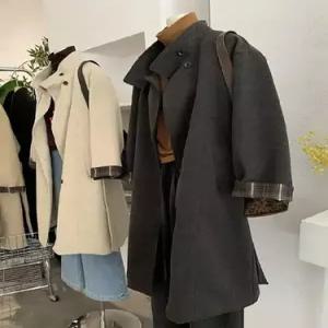 마요 롱 모직 여성모직코트 싱글 안감 패딩 소매 체크 트렌치 코트 UNO1
