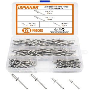 ISPINNER 120PCS 304 스테인리스 블라인드 리벳 팝 리벳 모음 키트 ㅣZ6