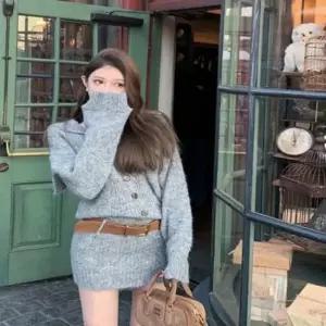 여성 2컬러 오프숄더 카라 벨티드 니트 미니원피스