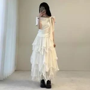 여자 발레코어 언발 쉬폰 캉캉 프릴 시스루 롱스커트