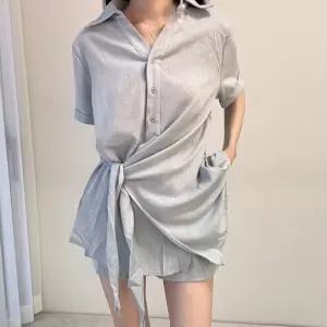 [옷자락] 여자 하프 레이어드랩 매듭 롱 린넨셔츠 반바지 세트