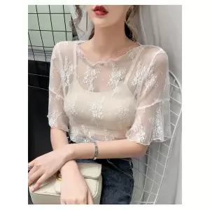 플라워 레이스 망사 시스루 5부 블라우스