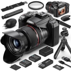 사진 촬영용 8K 및 64MP 프로페셔널 카메라, 64배 줌(16배 광학 + 4배 디지털), 문 모드, 180 플립 스크린, WiFi, HDMI, 64GB 카드 2개 배터리, YouTube용 디지털 카메라(블랙)