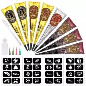 8PCS 타투 콘 임시 키트 4가지 색상 브라운 3개 마룬 2개 블랙 레드 1개 32개 스텐실 디자인의 드래프트