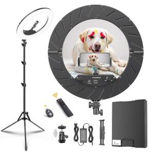 18인치 링 라이트 키트 55W6700K 디밍 가능 LED 라이트 삼각대 스탠드 리모컨 박스 CRI95 블랙 hF3