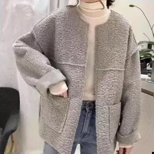 여성쟈켓 양털점퍼 아우터 노카라 노버튼 양털 가디건 자켓