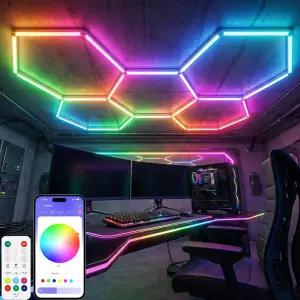 RGB 헥사곤 차고 조명 - 음악 동기화 모드 및 358개 이상의 색상 디밍 속도 APP 리모컨 게이밍 룸 헬스장