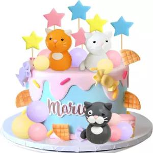 고양이 케이크 토퍼 클레이 피규어 옐로우 핑크 퍼플 볼 장식 스타일 01
