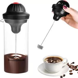 센 전기 밀크 프로더 컵 500ML 유리 피처가 장착된 휴대용 배터리 작동 거품기 커피 라떼 카푸치노 핫