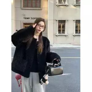 우아한 양털 벨벳 따뜻한 겉옷 여성용 겨울 루즈핏 캐주얼 라운드넥 블랙 퍼리 탑 통근 스타일 긴팔 코트