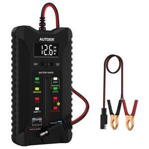 AUTDER 자동차 배터리 테스터 12V/24V LCD 디스플레이 및 LED 표시등이 있는 디지털 전압계 교류 발전기 분석기 자동차 오토바이 RV용 클램프 연결 ㅣQP