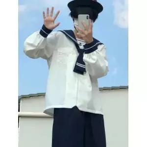 일본식 긴팔 학생복 세트(중간 부분 헤어 액세서리 포함) 고양이 공 긴 바지 겨울 의류 키트