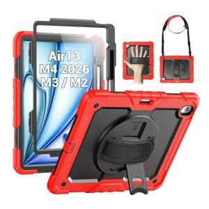 IPAD AIR용 SEYMAC 13인치 케이스 M4 / M3 M2 (2026 2025 2024) 화면 보호기가 있는 튼튼한 충격 방지 보호 360 회전 스탠드 손/어깨 스트랩 및 펜 홀더 빨간색 VIG
