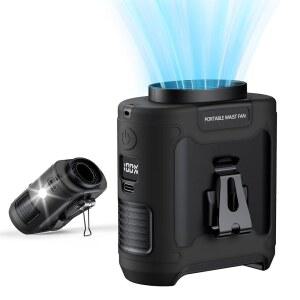 PLANCTI 휴대용 허리 팬 건설 및 야외 작업용 10000MAH 충전식 벨트 클립 5단 속도의 16000RPM 고속 공기 흐름 손전등 40시간 런타임(블랙) 9H5