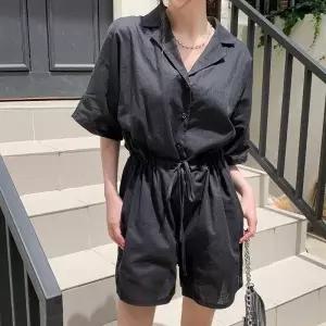 여자 간절기 데일리 린넨 카라 반바지 점프슈트_25575062_588872