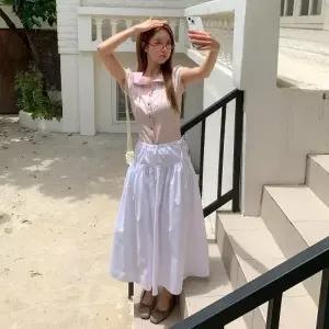 여자 허리 끈 포인트 롱 주름 여름 스커트 치마_25575055_588872