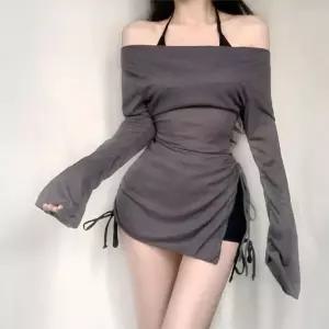 여성 시스루 오프숄더 셔링 슬림핏 수영복 3pcs 세트
