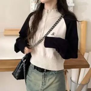 겨울 니트 맨투맨 스웨터 긴팔 반목 크롭 기장 레이스 나시 소재 반집업 형광 짧은