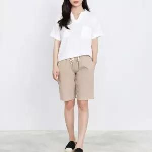 여성 바지 5부 린넨 팬츠 베이지 패션 데일리 웨어 벤딩 밴딩 슬렉스 (W68416C)