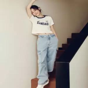 리 LEE PICK 우먼 릴랙스드핏 카고 데님 팬츠 인디고 라이트