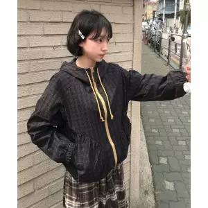 [코드그라피]CBFSWJP101DN 아우터 캐주얼 기타 우먼 나글란 체크 후드 점퍼-다크 네
