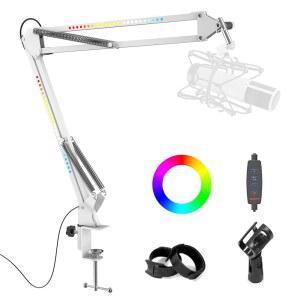 심플루피 RGB 붐 암, 조절 가능한 마이크 스탠드, 데스크 마운트 클램프 및 클립, HyperX 쿼드캐스트, 블루 예티, 로드, 슈어 SM78과 호환되어 스트리밍, 게임, 유튜브 녹화용 WHITE