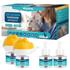 우야메이 고양이 진정 디퓨저 - 불안 완화를 위한 페로몬 6-in-1 키트(디퓨저 2개 + 리필 48ml 바이알 4개 포함) 진정을 120일