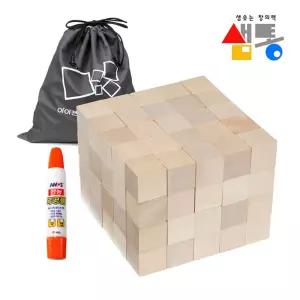 샘통 쌓기나무 3cm 100p(자작) 주머니 목공풀 포함교구 원목 쌓기 정육면체 쌓기놀이 큐브 초등학습 유아
