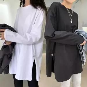 [하프클럽/]옆절개 라운드넥 여자 루즈핏 2color 긴팔티 롱티셔츠