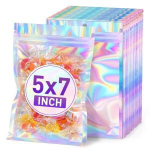 ANZNKU 홀로그램 가방 5x7 마일라 가방 50개 재봉 가능, 냄새 방지 포장 가방 파우치 간식 캔디 주얼리 졸업 파티 선물용 구디백, 중소기업용 소형 플라스틱 선물 가방