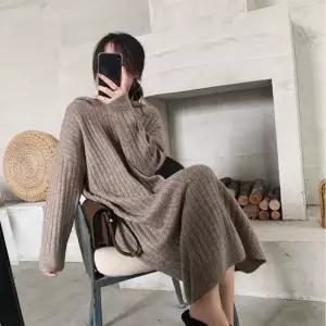 셀럽하우스 여자 데일리 왕골지 후드 니트 롱 원피스 루즈핏