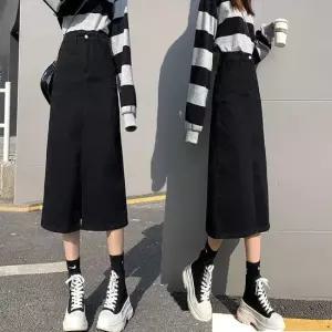 셀럽하우스 여성 A라인 앞트임 데님 롱 스커트 청치마 블랙 진